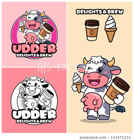 Cow udder milk logo. Vector milk logo with cows. Cute Cow Mascot Logo 131475231