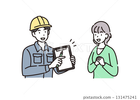 一名男工人和一名女工人正在接受解釋 一名男工人和一名女工人正在接受解釋 131475241