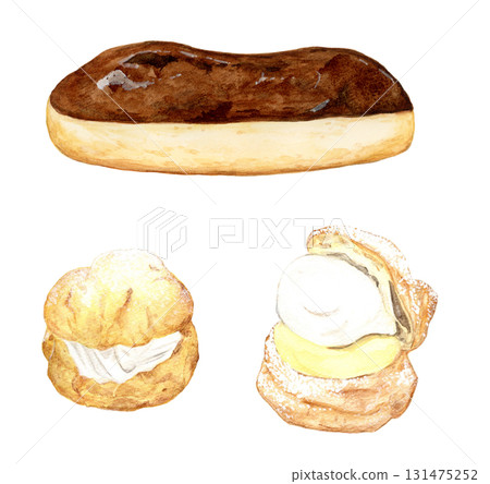 Hand drawn watercolor illustration set of sweet and delicious eclairs and cream puffs 131475252