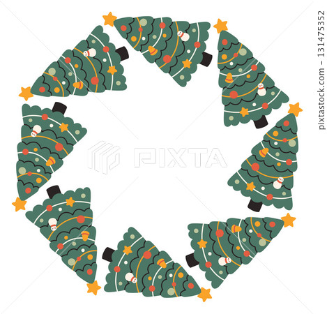 A festive round frame with dark green Christmas trees. The simple vector design perfect for Christmas and New Year decorations or holiday greetings. 131475352