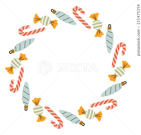 A festive round frame with candy canes, sweets and decor. The simple vector design perfect for Christmas and New Year decorations or holiday greetings. A festive round frame with candy canes, sweets and decor. The simple vector design perfect for Christmas and New Year decorations or holiday greetings. 131475354