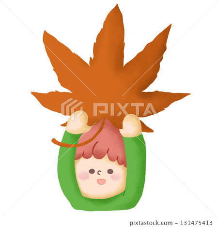 一個孩子拿著一片掉落的大楓葉的插圖 131475413