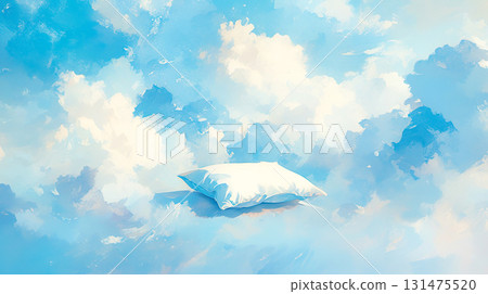 Watercolor illustration background of white pillow on blue sky and cloud background 131475520