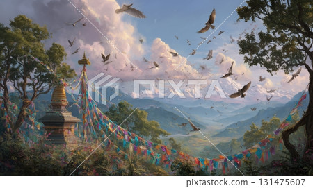 夢幻般的寺廟景觀，有經幡和飛鳥 131475607