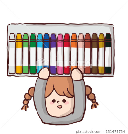 一個孩子舉著一大套蠟筆的插圖 131475734
