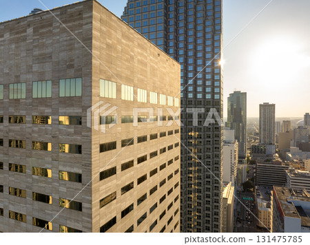 Urban landscape of downtown district of Miami Brickell in Florida, USA. Sunset skyline with high skyscraper buildings in modern American city 131475785