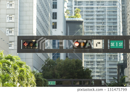 Traffic lights regulating driving cars on city street in Miami, Florida 131475799
