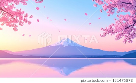 富士山與冉冉升起的太陽、盛開的櫻花和飄落的花瓣以及湖泊的 CG 插圖 131475878