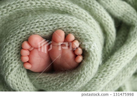 Soft feet of a newborn in a olive green blanket. Close up of toes, heels and feet of a newborn baby. Soft feet of a newborn in a olive green blanket. Close up of toes, heels and feet of a newborn baby. 131475998