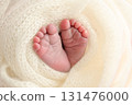 Soft feet of a newborn in a white woolen blanket. Close up of toes, heels and feet of a newborn baby 131476000
