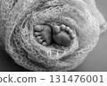 Close up feet, toes, heels, feet of a newborn baby. Studio monochrome, vintage style, black and white macro photography. Foot of a newborn. 131476001