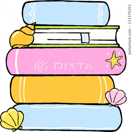 Summer Reading Stack of Books with Summer Beach Theme Hand Drawn 131476201