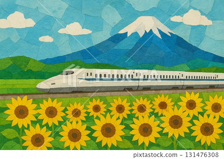 Shinkansen, Mt. Fuji, Sunflower field, Collage style Shinkansen, Mt. Fuji, Sunflower field, Collage style 131476308