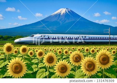 Shinkansen, Mt. Fuji, Sunflower field, Photorealistic Shinkansen, Mt. Fuji, Sunflower field, Photorealistic 131476309