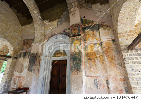Painted frescoes decorations of medieval monastery in Sopocani. 131476447