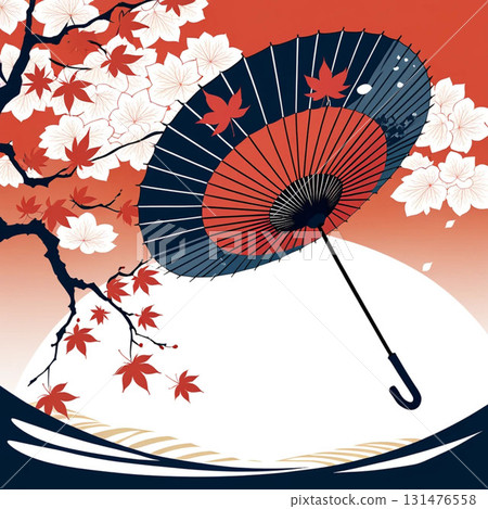 日本傘和秋葉的向量插圖 131476558