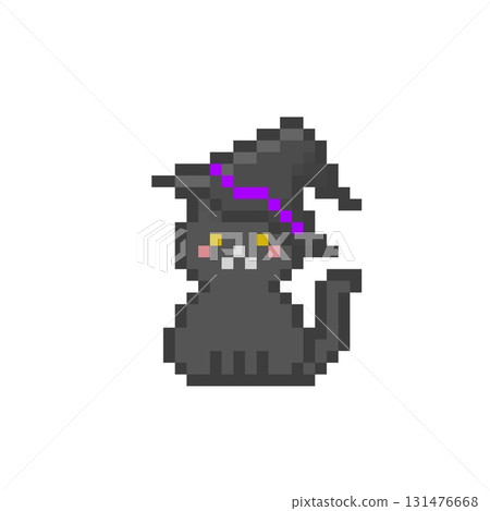 A sitting black cat wearing a pixelated witch's hat A sitting black cat wearing a pixelated witch's hat 131476668