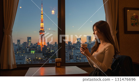 AI-generated image of a woman reading in a Tokyo cafe 131476696