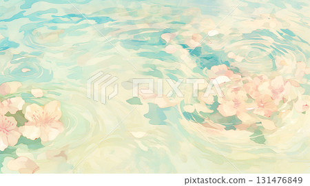 Watercolor illustration background of cherry blossoms floating on the water in spring 131476849