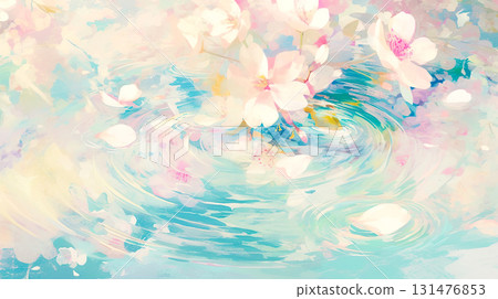 春天櫻花倒映在水面上的水彩插圖背景 131476853
