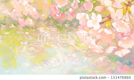 春天櫻花倒映在水面上的水彩插圖背景 131476860