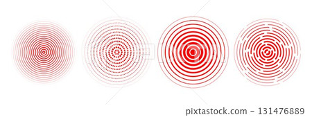 Red radial concentric circle set. Sound wave signal collection. Rippled, dashed and dotted rings for epicenter, target, radar, earthquake shockwave symbols. Vector expansive vibration elements 131476889