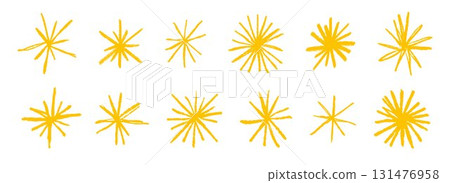 Yellow crayon hand drawn stars and sparkles set. Golden rough brush stroke shine element pack for collage, poster, sticker, label. Sketched pencil asterisks. Gold doodle sparks collection. Vector 131476958