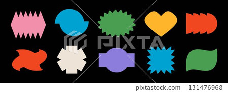 Bright colorful abstract sticker shape collection. Retro pop art border element set. Groovy geometric frame pack for patch, badge, tag, label, banner, poster, sign. Vector various ticket bundle Bright colorful abstract sticker shape collection. Retro pop art border element set. Groovy geometric frame pack for patch, badge, tag, label, banner, poster, sign. Vector various ticket bundle 131476968