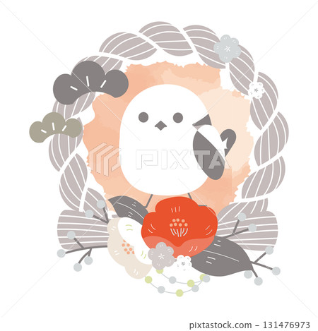 灰色注連繩、長尾山雀、紅白山茶花圈(新年裝飾) 灰色注連繩、長尾山雀、紅白山茶花圈(新年裝飾) 131476973