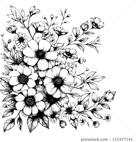 Black and white drawing of a flower arrangement with a white background Black and white drawing of a flower arrangement with a white background 131477145
