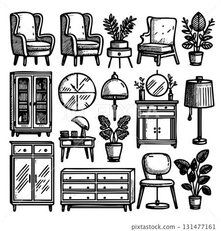 Collection of furniture and plants in a black and white drawing 131477161