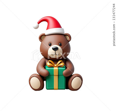 Teddy bear is sitting on a white background with a green box in front of it 131477244