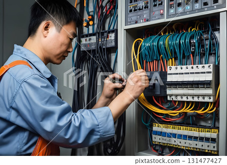The chinese electrician is shown inspecting a fuse box, wearing protective overalls and gloves, with a set of tools by his side 131477427
