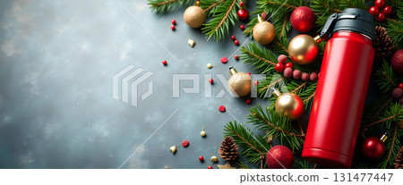 Thermos with fir branches, ornaments, and lights for a cozy Christmas atmosphere 131477447