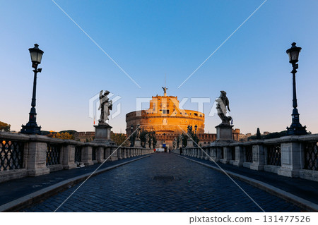 Rome in morning. Panoramic view of Castel Sant'Angelo and Bridge in Rome with sculptures statues on bridge. High quality photo Rome in morning. Panoramic view of Castel Sant'Angelo and Bridge in Rome with sculptures statues on bridge. High quality photo 131477526