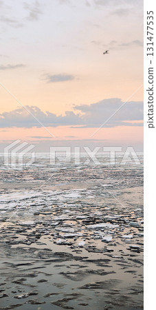 Peaceful scene of ice floes drifting in calm ocean waters with stunning sunset sky. Reflective water surface captures colorful clouds, evoking serenity and tranquility. Vertical photo 131477535