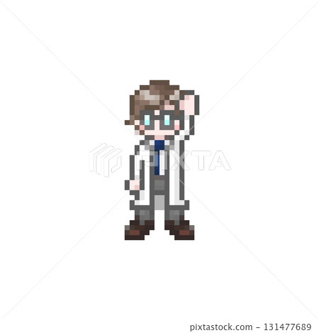 一名身穿白大褂的男子舉起像素化的手 131477689