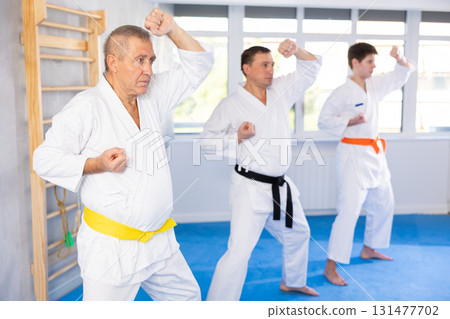 Elderly man training karate technique in studio Elderly man training karate technique in studio 131477702