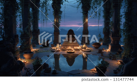 A mysterious altar shrouded in light nestled deep in the forest 131477744