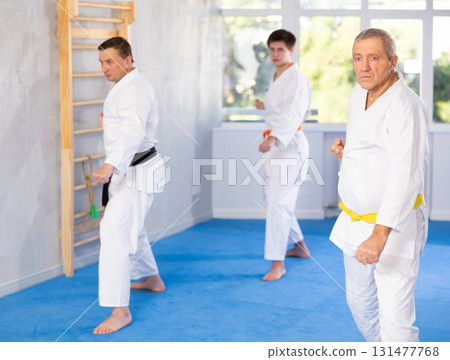 Aged judo fighter practicing punching and blocking techniques during kata with group Aged judo fighter practicing punching and blocking techniques during kata with group 131477768
