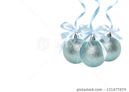 Silver glitter ornaments with blue ribbons, isolated, PNG Silver glitter ornaments with blue ribbons, isolated, PNG 131477874