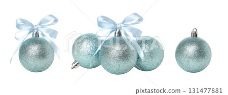 Four blue Christmas ornaments with ribbons, isolated, PNG 131477881