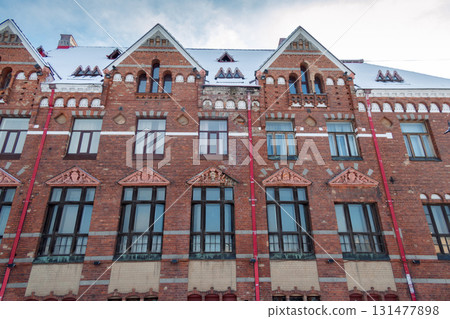 Facade view of red brick Bank of Finland building at Market Square, Vyborg, Russia. High quality photo Facade view of red brick Bank of Finland building at Market Square, Vyborg, Russia. High quality photo 131477898