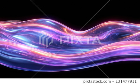 Futuristic neon waves with glowing pink and blue energy light trails on dark background, abstract holographic design 131477911