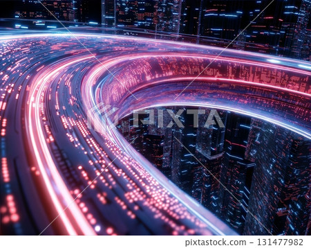 Futuristic digital highway of glowing red and blue light trails swirling through cyber cityscape in a data visualization 131477982