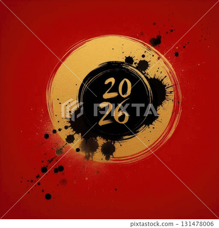 2026 New Year Gold Circle Brush Stroke on Red Background with Ink Splatter with Generative AI. 2026 New Year Gold Circle Brush Stroke on Red Background with Ink Splatter with Generative AI. 131478006