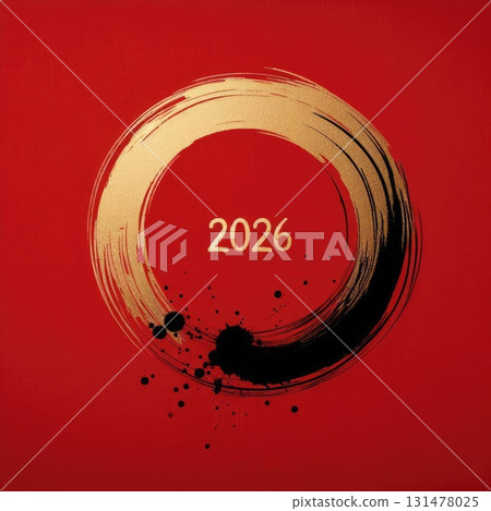2026 New Year Gold Circle Brush Stroke on Red Background with Ink Splatter with Generative AI. 131478025