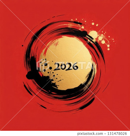 2026 New Year Gold Circle Brush Stroke on Red Background with Ink Splatter with Generative AI. 131478026