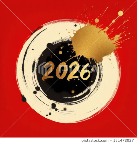 2026 New Year Gold Circle Brush Stroke on Red Background with Ink Splatter with Generative AI. 131478027