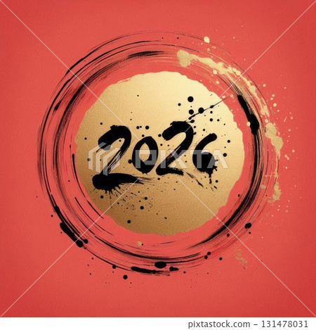 2026 New Year Gold Circle Brush Stroke on Red Background with Ink Splatter with Generative AI. 131478031